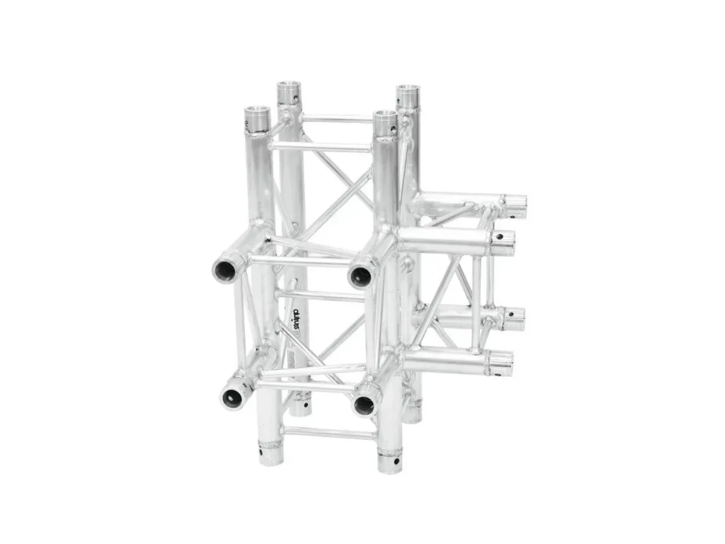 Aluminium-Buehnentraverse mit mehreren Verbindungspunkten für Licht- und Tonequipment.