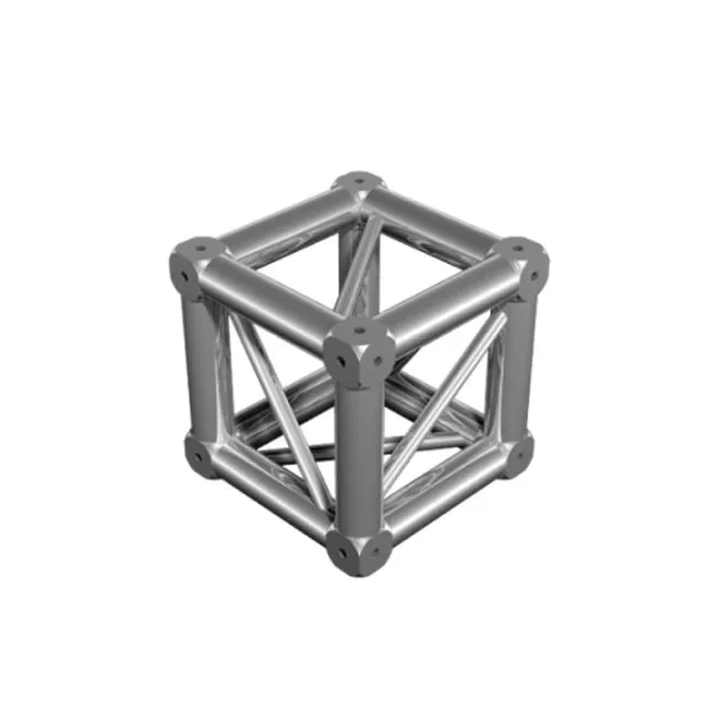 3D-Darstellung eines silbernen, modularen Aluminiumtruss in Würfelform.