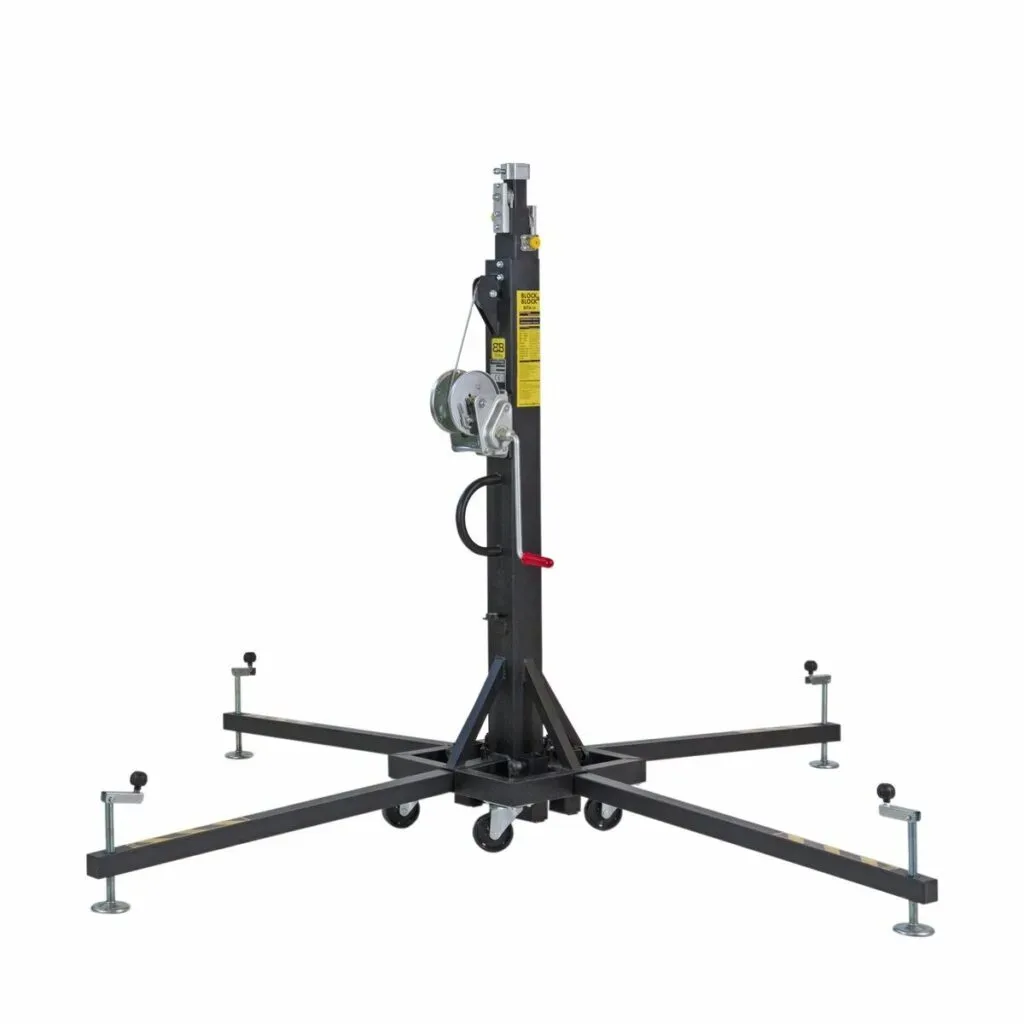 Lichtstativ mit Handkurbel und ausziehbaren Beinen für Bühnentechnik.