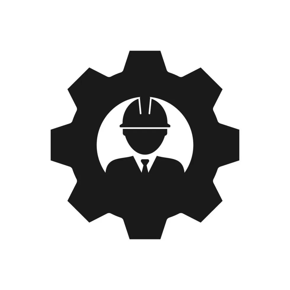Symbol eines Ingenieurs mit Helm in einem Zahnrad, repräsentiert technische Expertise.