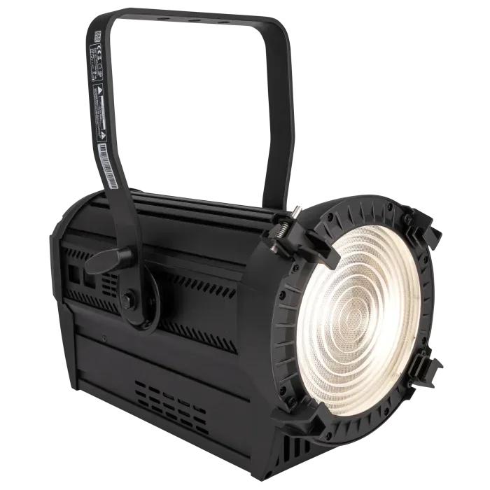 Schwarzer LED-Scheinwerfer mit Griff und runder Linse.