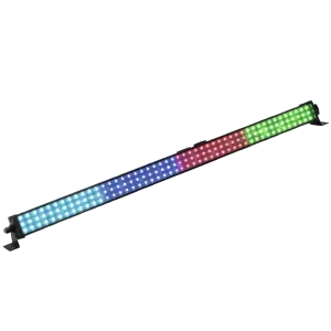 RGB-LED-Lichtleiste in mehreren Farben leuchtend, mit Wandhalterungen an beiden Enden.