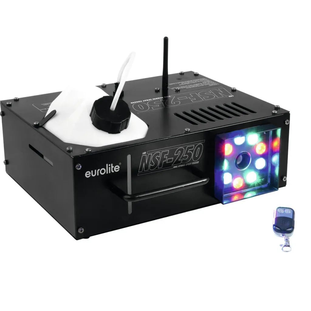 Eurolite NSF-250 Nebelmaschine mit LED-Lichteffekten und Fernbedienung.